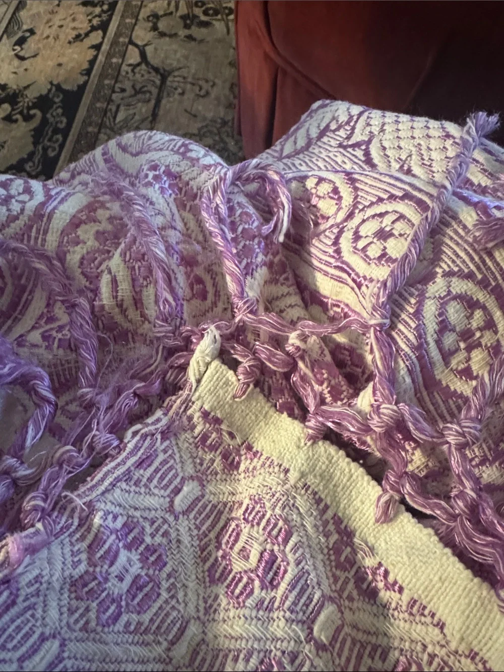 Ornate Lavender and Cream Woven Bedspread  Blanket